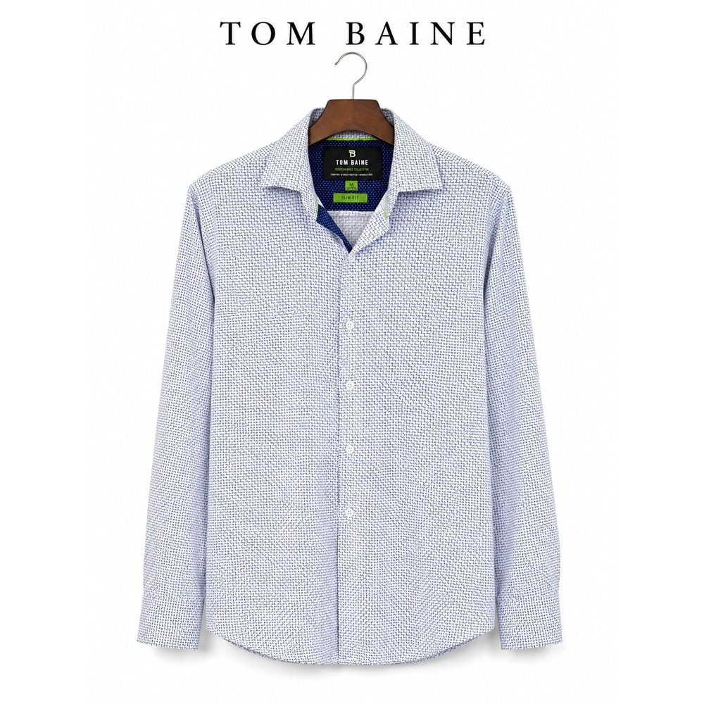 Tom Baine Performance Collection Slim Fit 4-Way Stretch Dress Shirt M Blue White